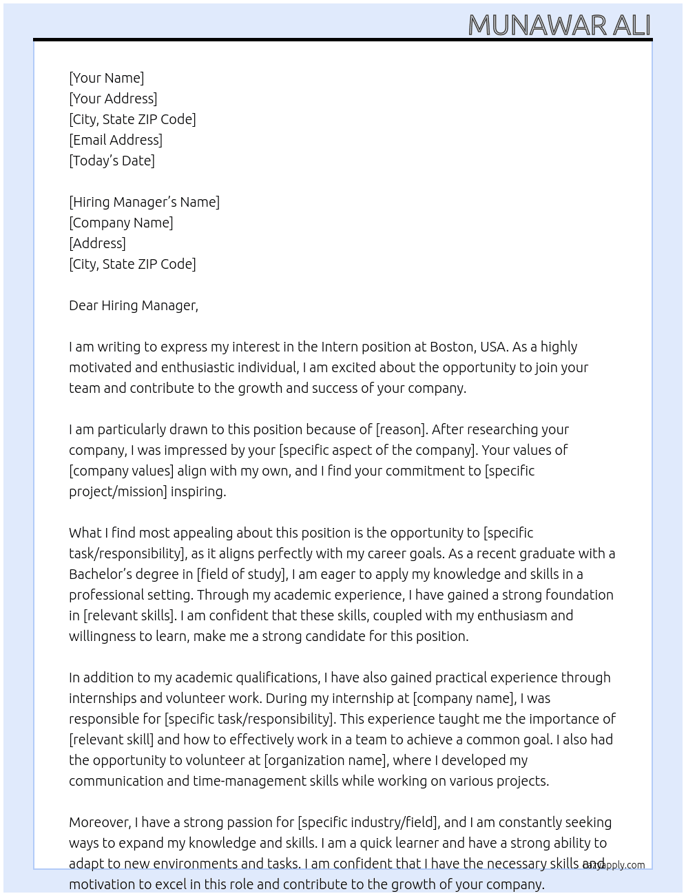 Intern At Boston, USA Cover Letter