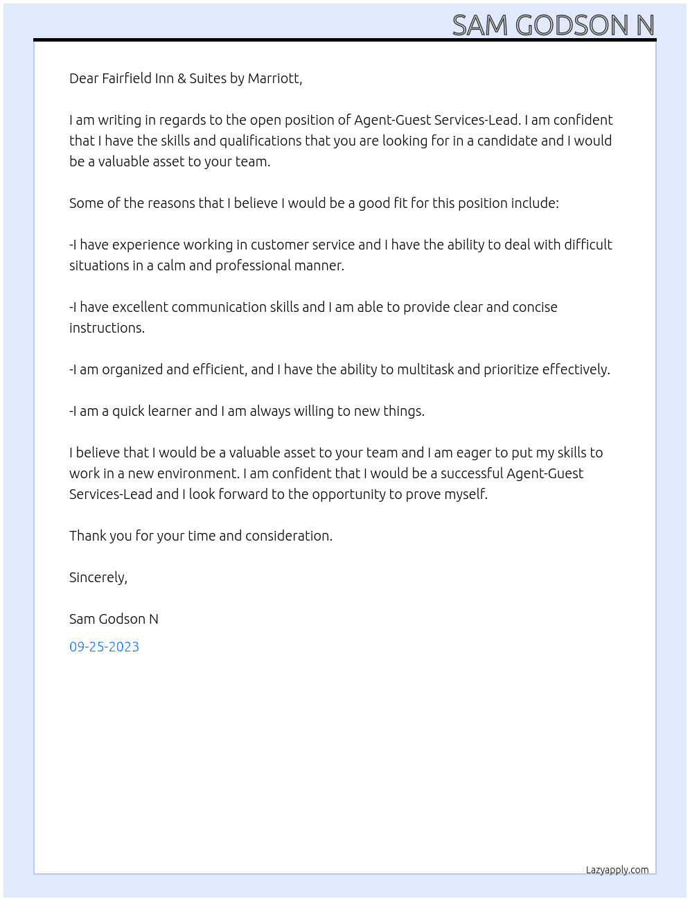 Agent-Guest Services-Lead At Fairfield Inn & Suites by Marriott  Cover Letter