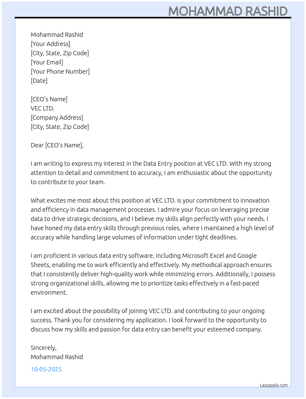 Data entry  At VEC LTD. Cover Letter