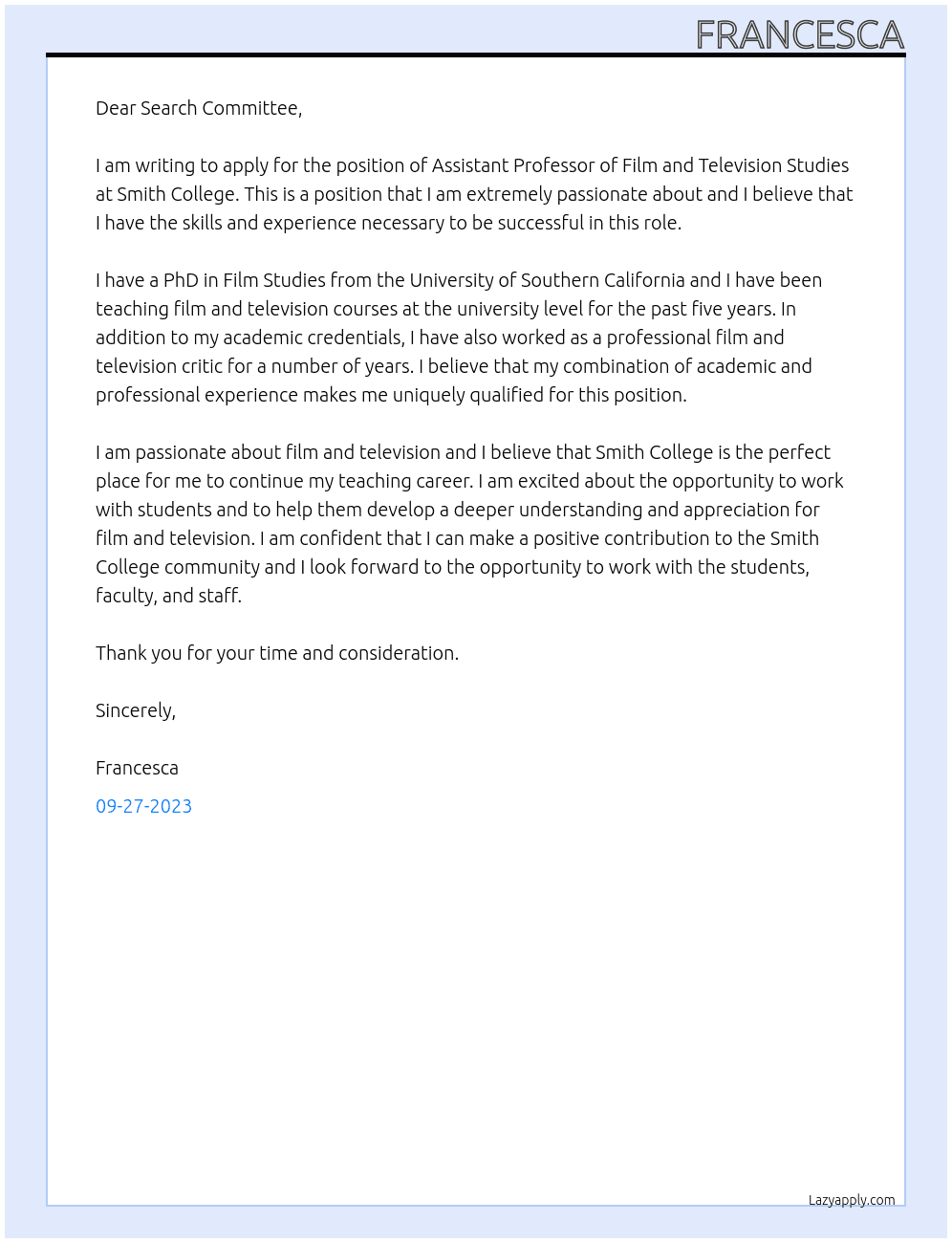 Assistant Professor of Film and Television Studies At Smith College Cover Letter