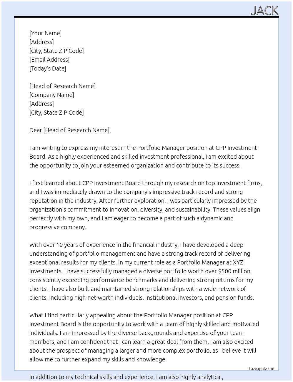 Portfolio manager At CPP Investment Board Cover Letter