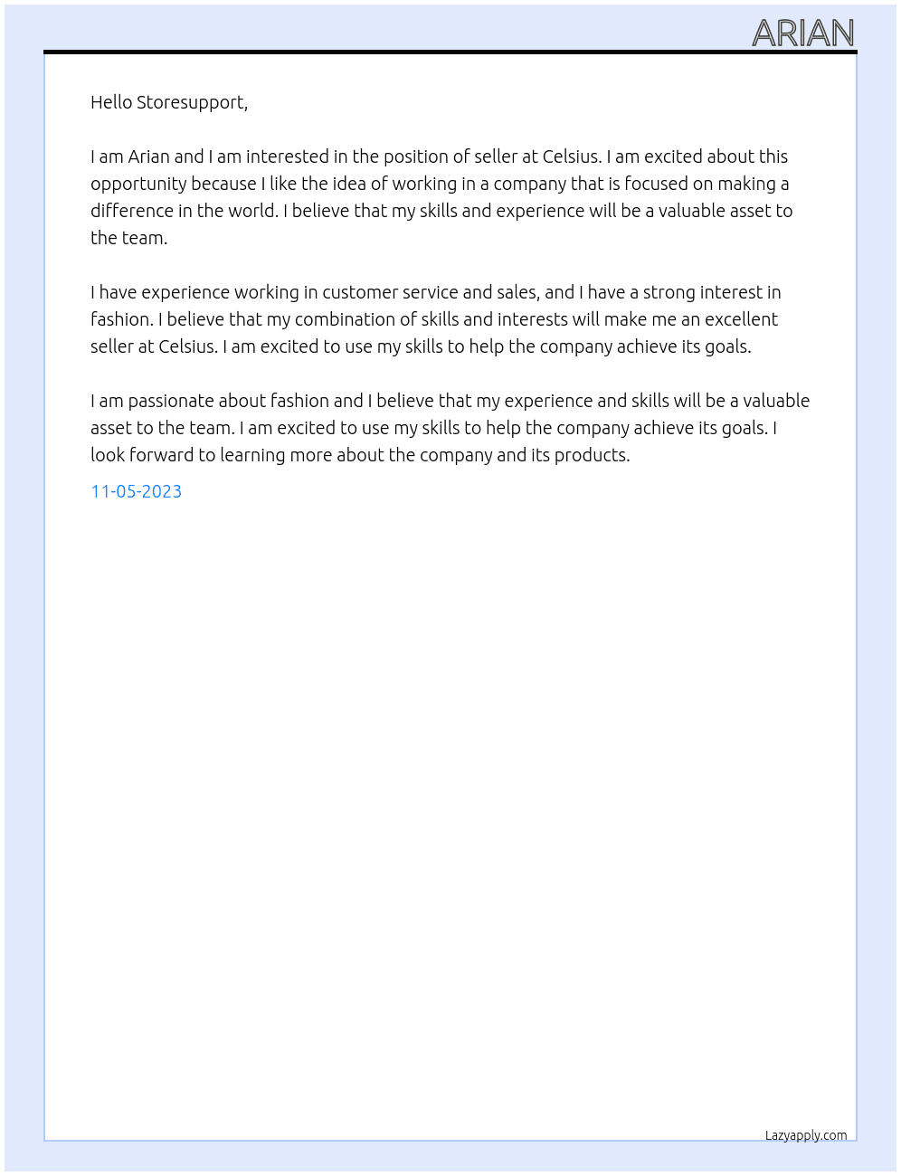 seller  At Celsius Cover Letter