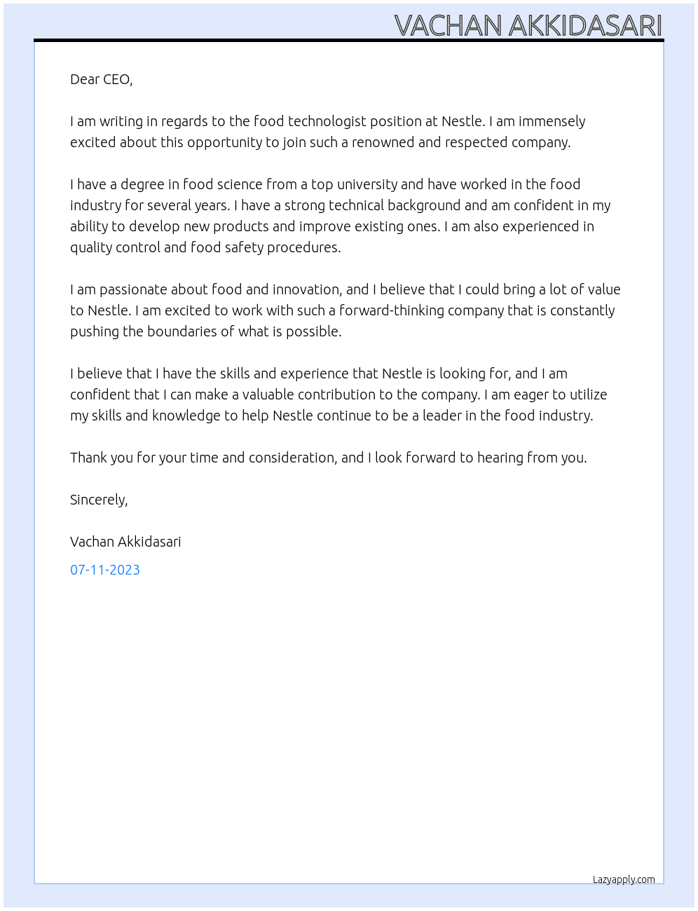 food technologist  At nestle Cover Letter