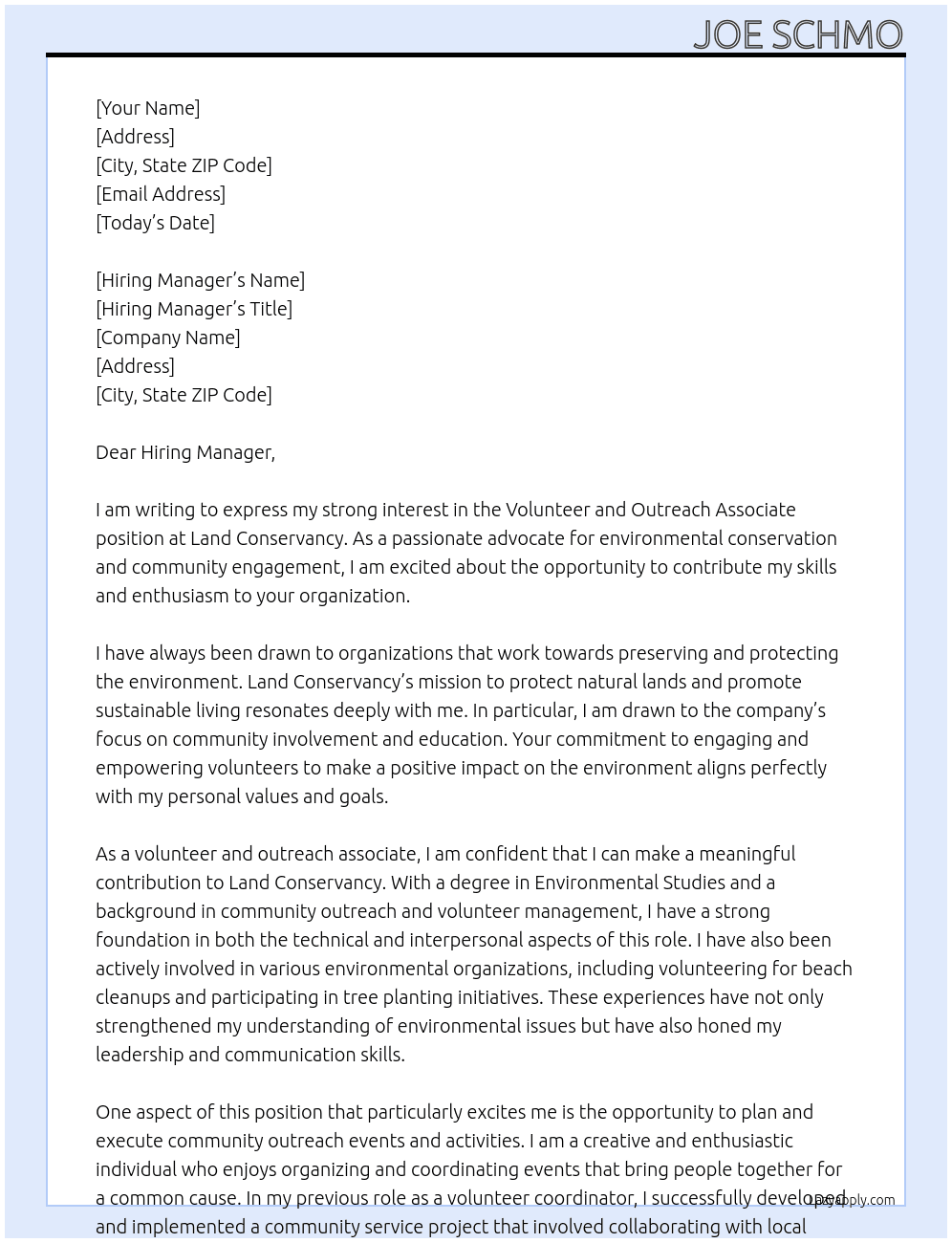 Volunteer and Outreach Associate At Land Conservancy  Cover Letter