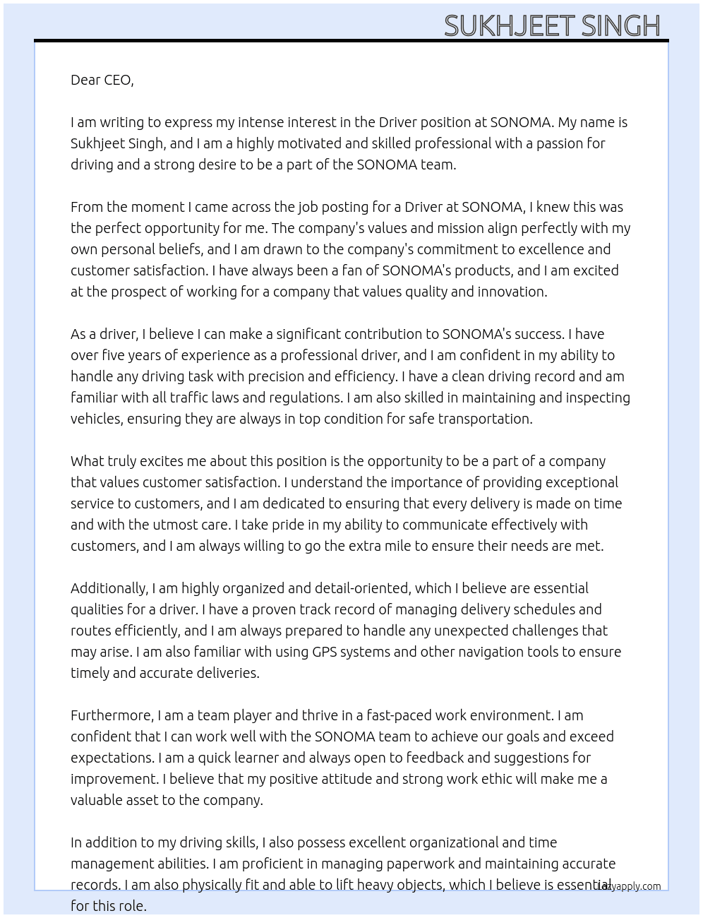 Driver At SONOMA Cover Letter