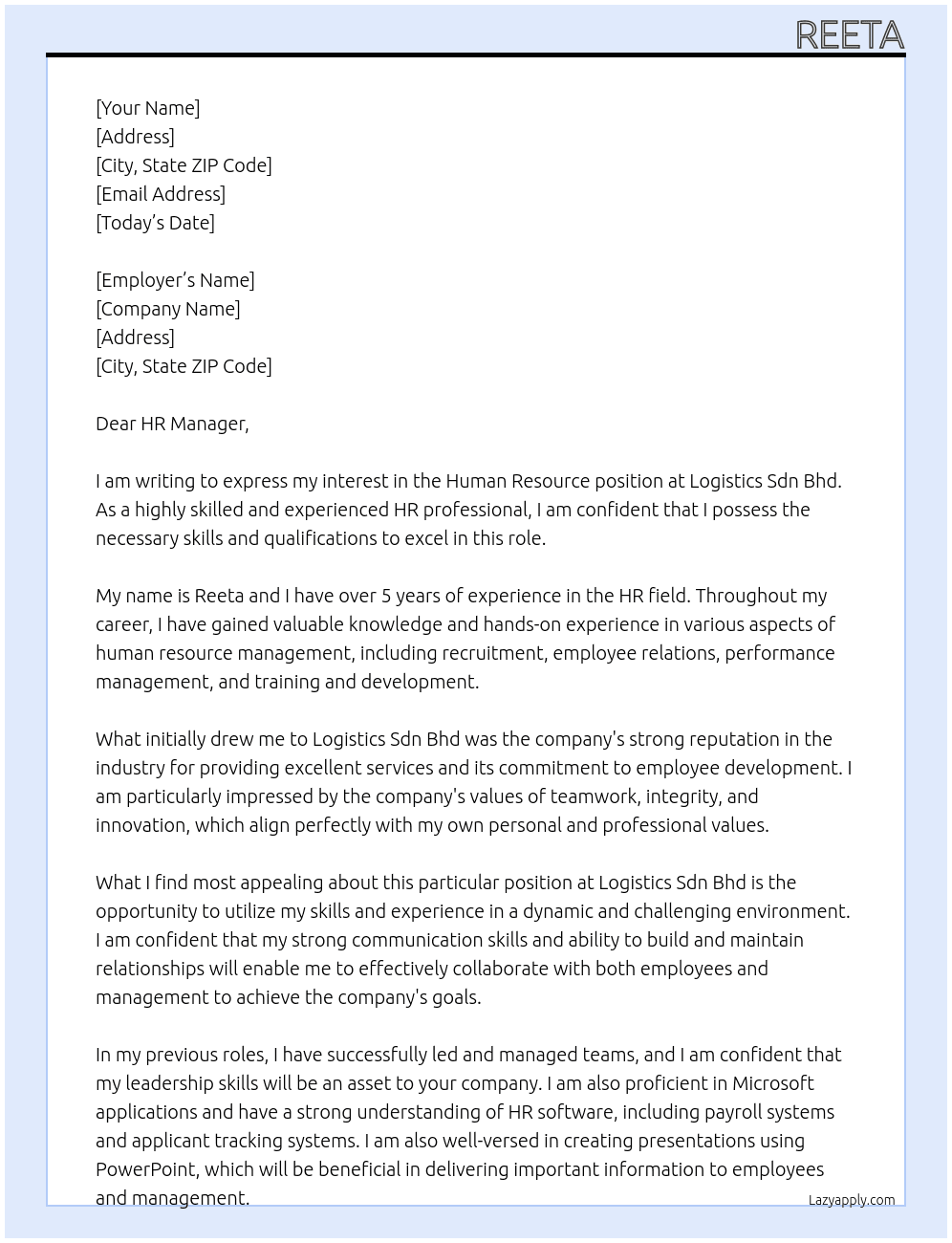 human resource At Logistics sdn bhd Cover Letter