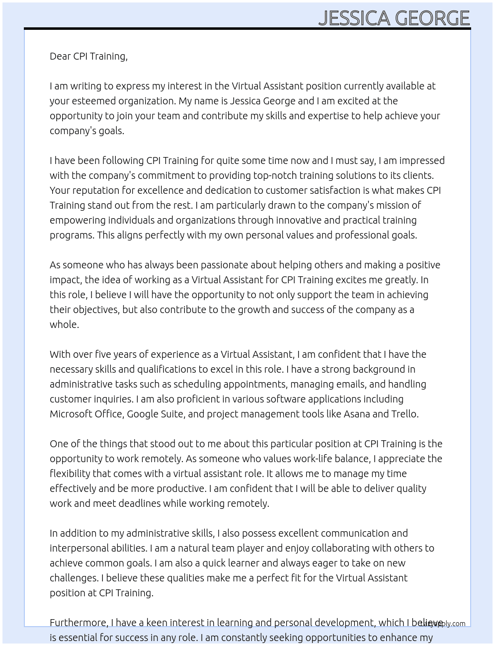 virtual assistant At CPI Training Cover Letter
