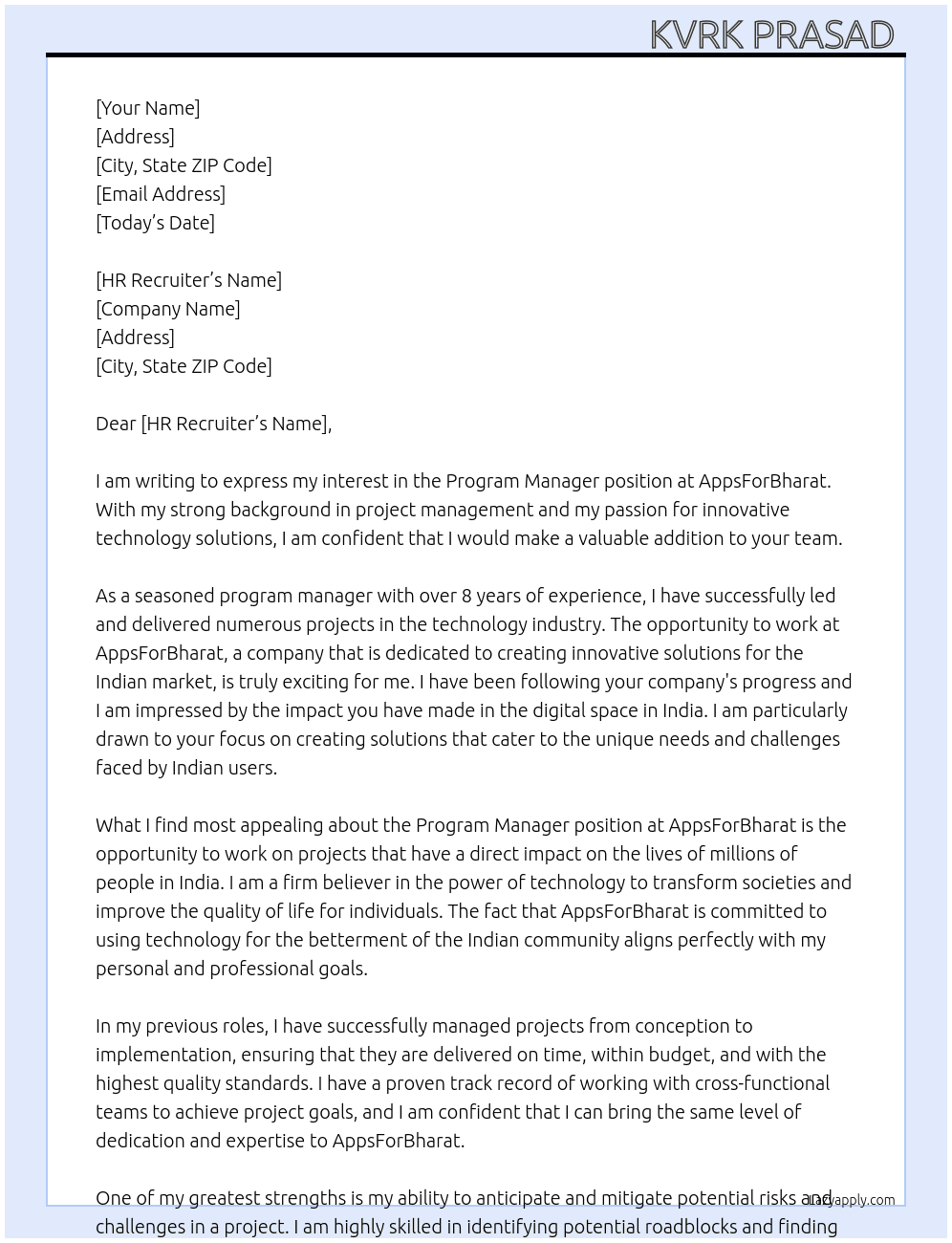 Program Manager  At AppsForBharat Cover Letter