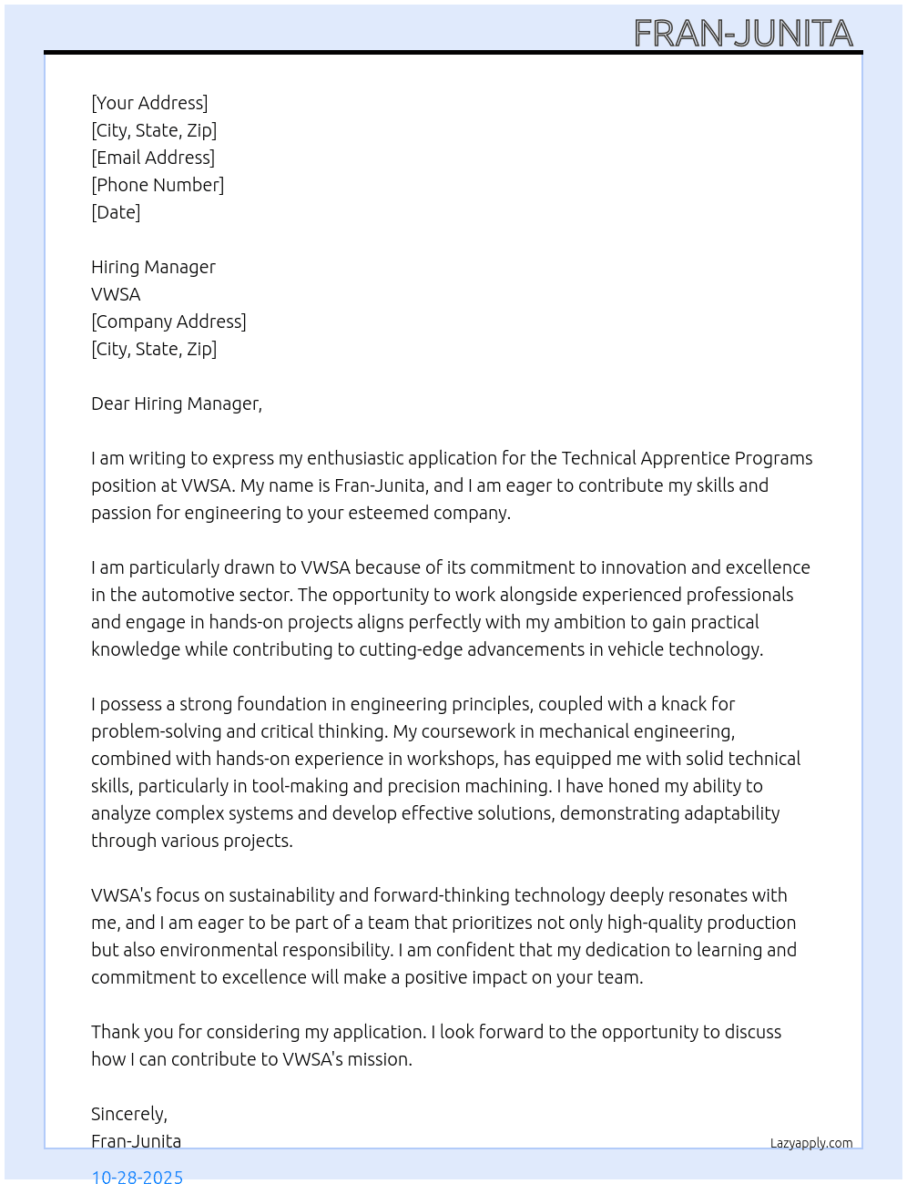 Technical Apprentice Programs At VWSA Cover Letter