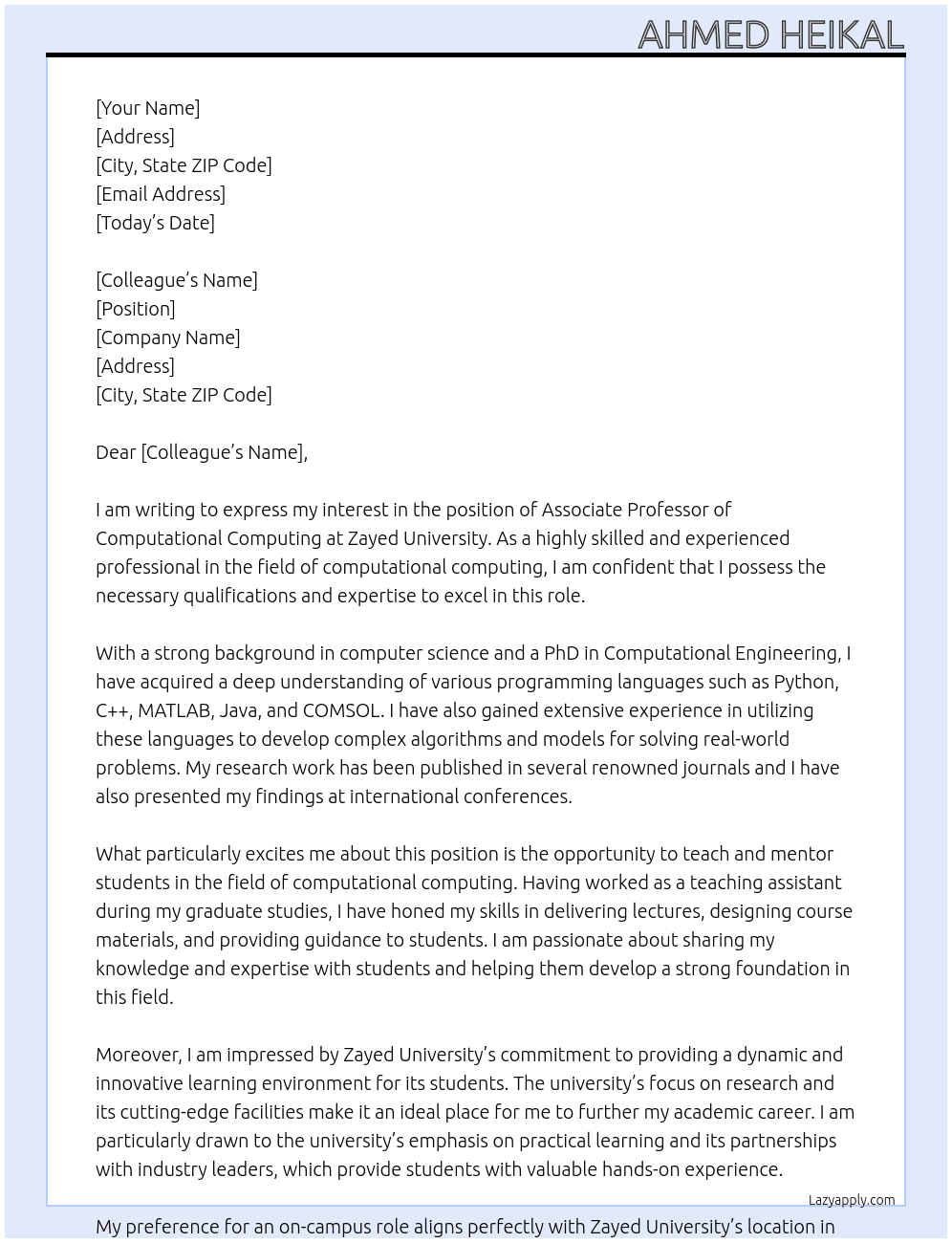 Associate Professor of Computational Computing  At Zayed University Cover Letter
