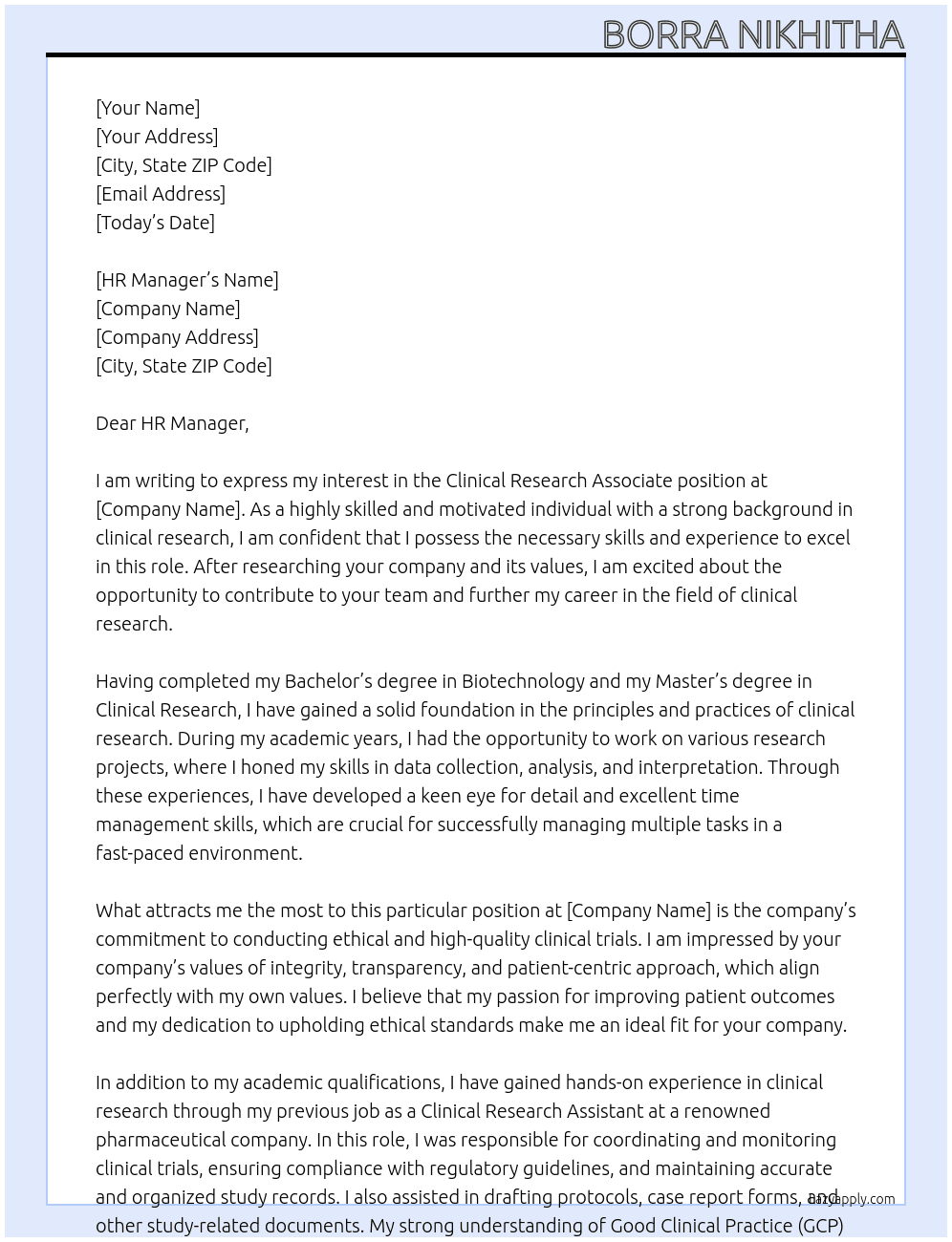 Clinical research associate  At No Cover Letter