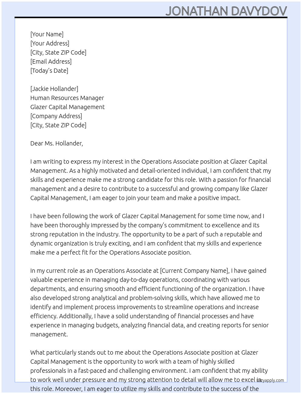 Operations Associate At Glazer Capital Management Cover Letter