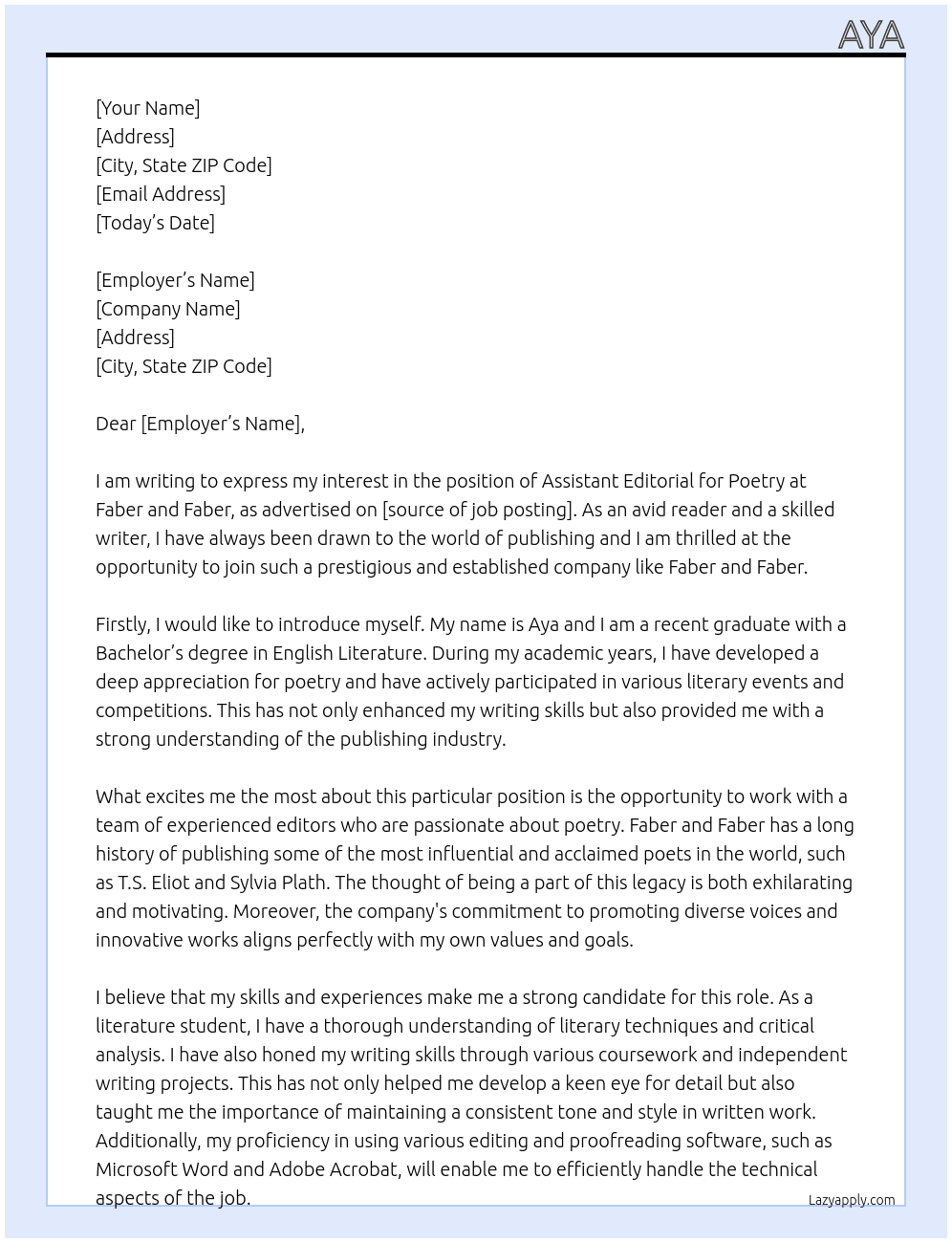 Assistant editorial for poetry At Fabre and Faber Cover Letter