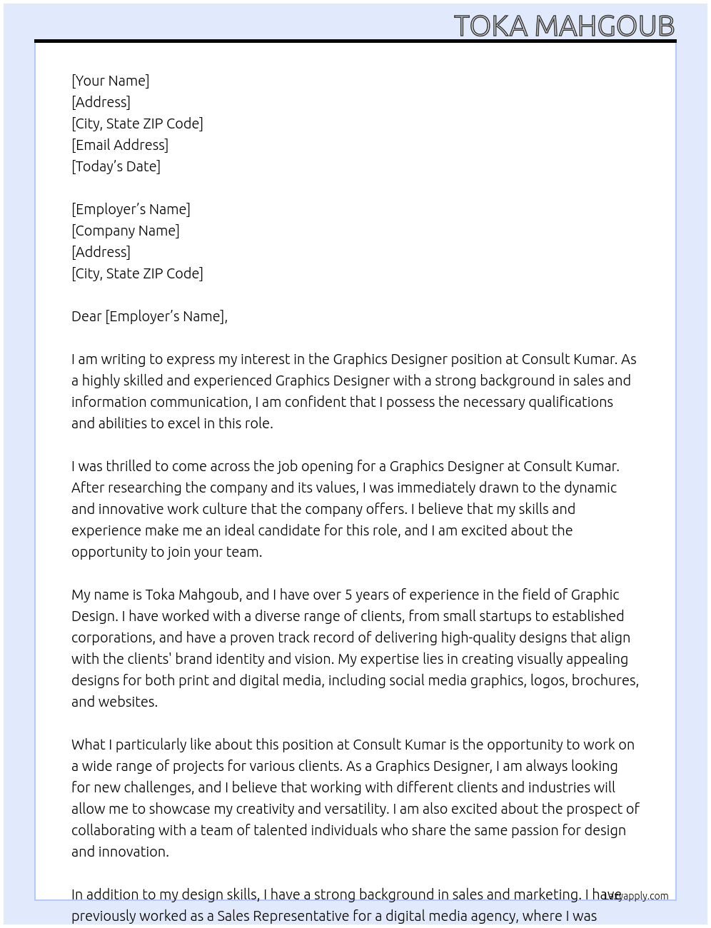 Graphics Designer At Consult kumar Cover Letter