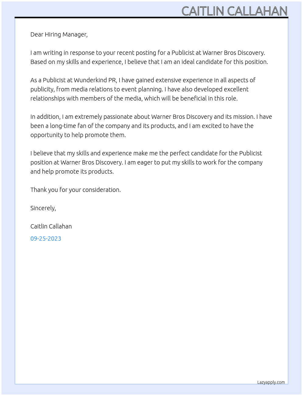 Publicist  At Warner Bros Discovery Cover Letter
