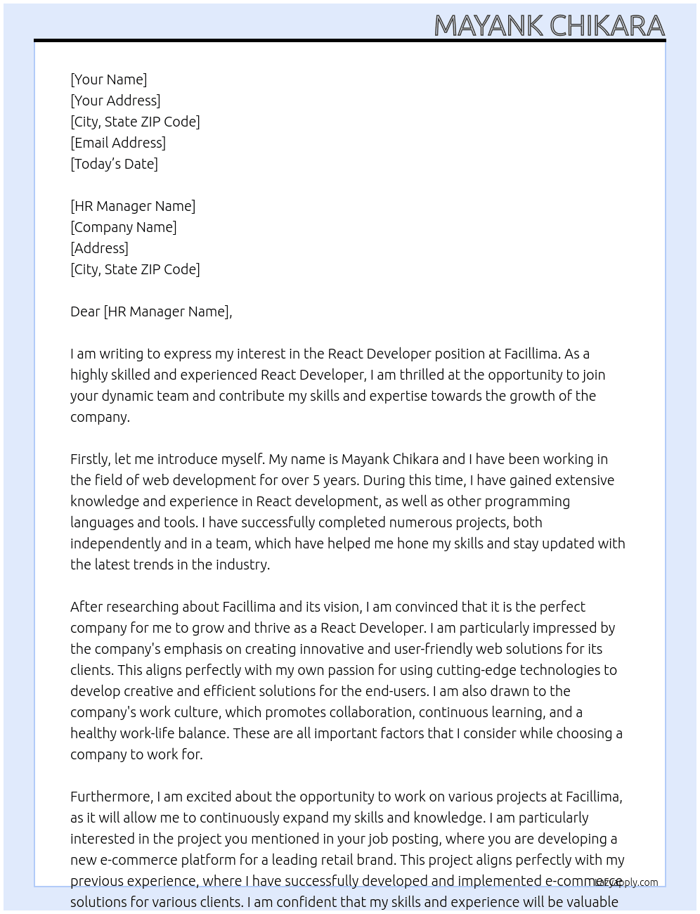 React developer At Facillima Cover Letter