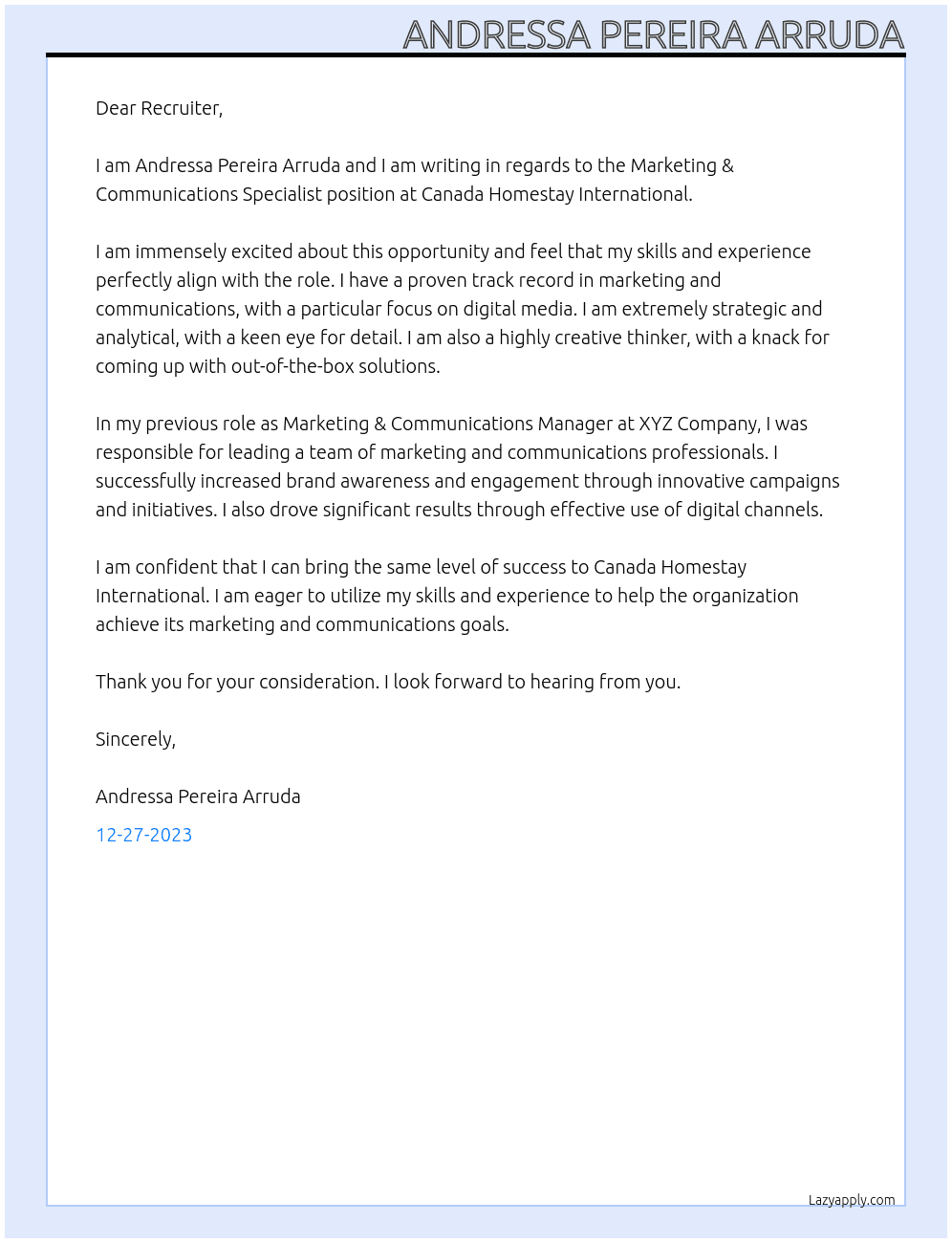 Marketing & Communications Specialist At Canada Homestay International Cover Letter