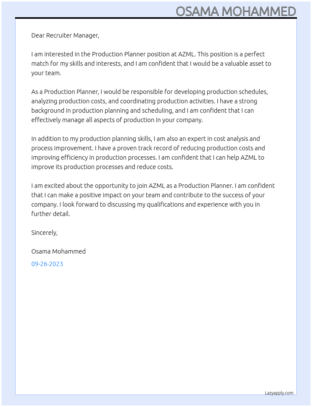 Production PlannerTF At AZML Cover Letter