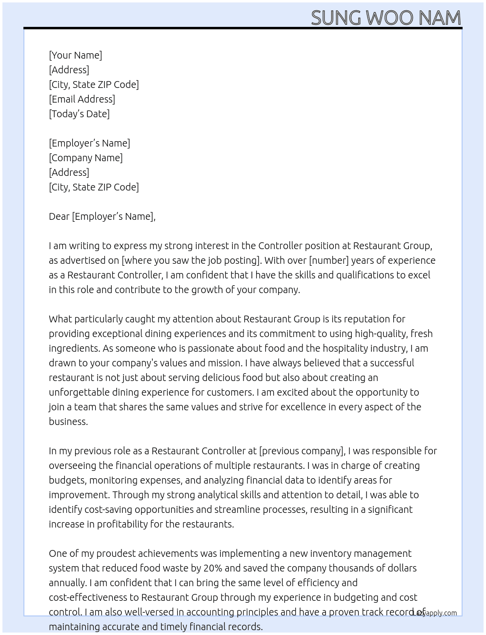 Controller At Restaurant group Cover Letter