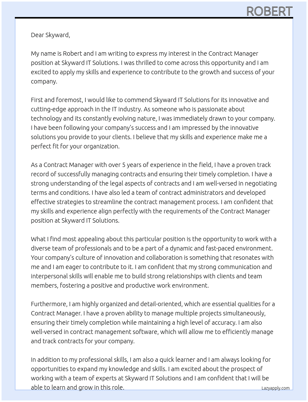 Contract Manager At Skyward IT Solutions Cover Letter