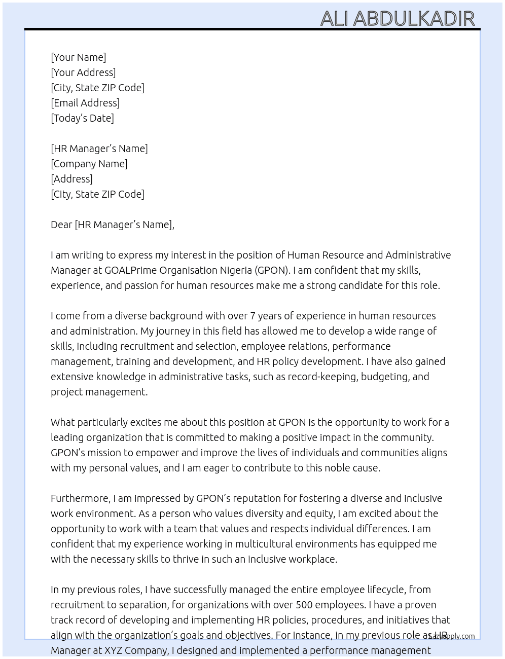 Human Resource and Administrative Manager  At GOALPrime Organisation Nigeria GPON  Cover Letter