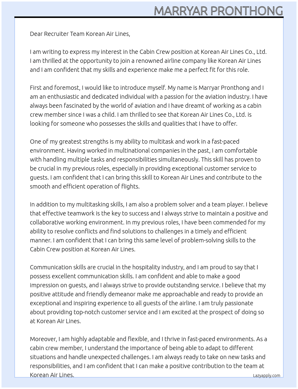 Cabin Crew At Korean Air Lines Co., Ltd. Cover Letter