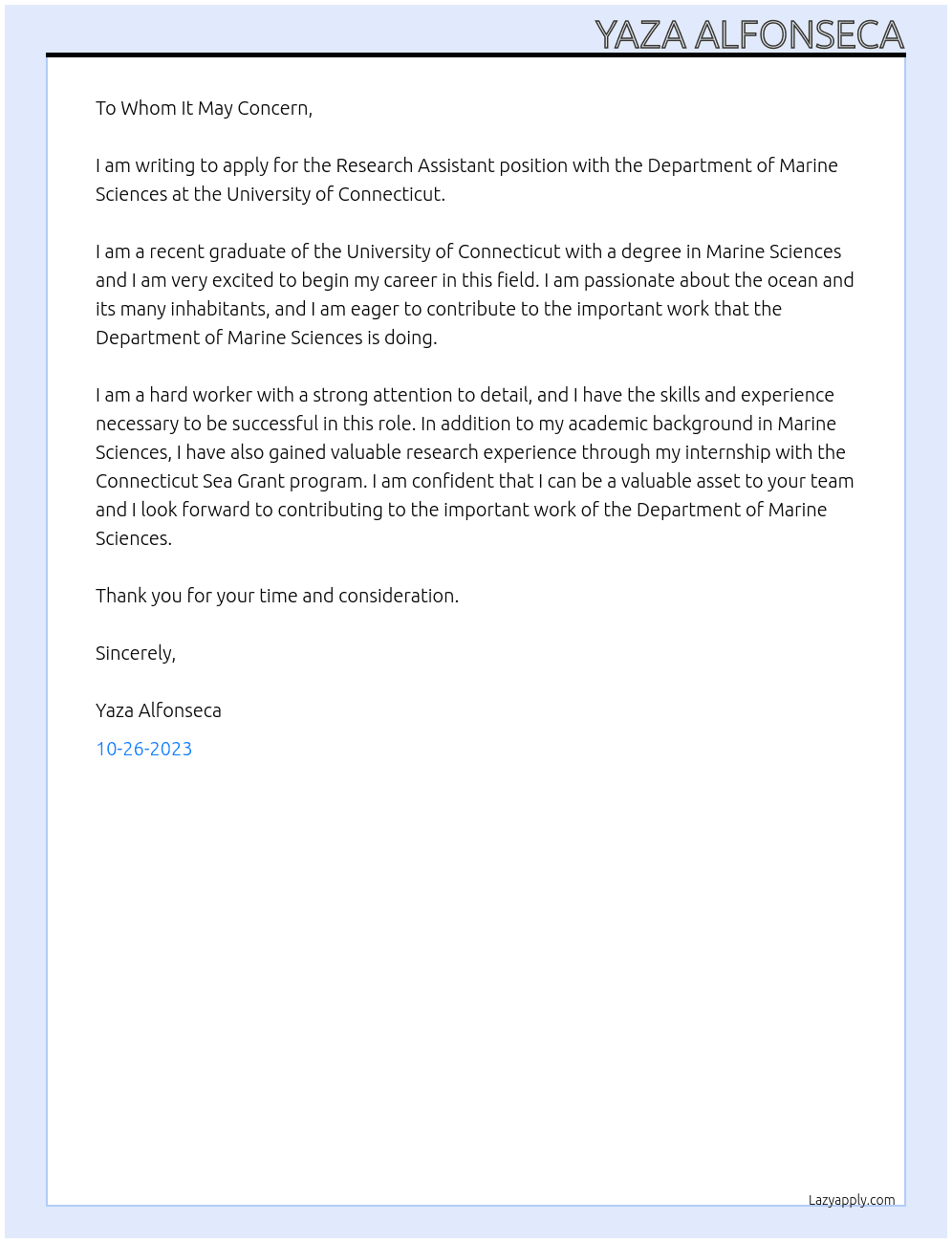 Research Assistant At University of Conneticut Cover Letter