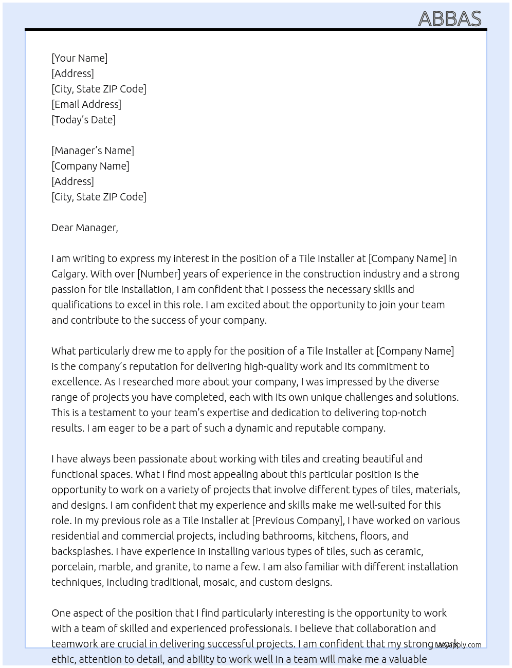 Tile installer  At Calgary Cover Letter