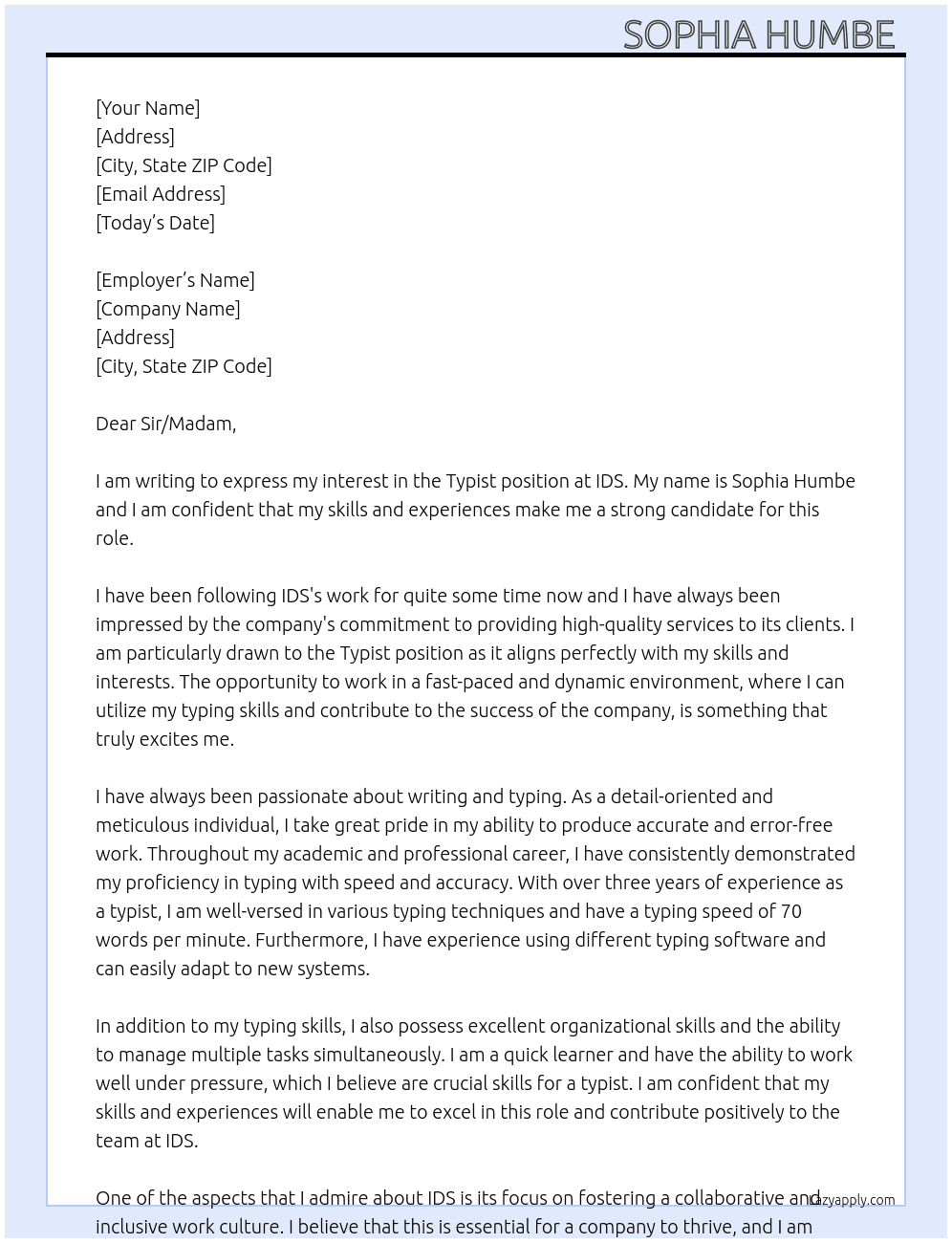 Typist At IDS Cover Letter