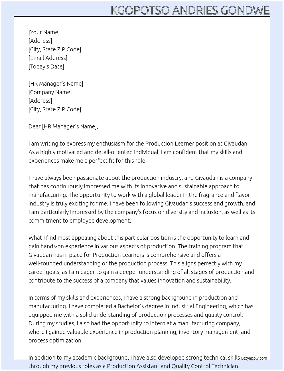 Production Learner At Givaudan Cover Letter
