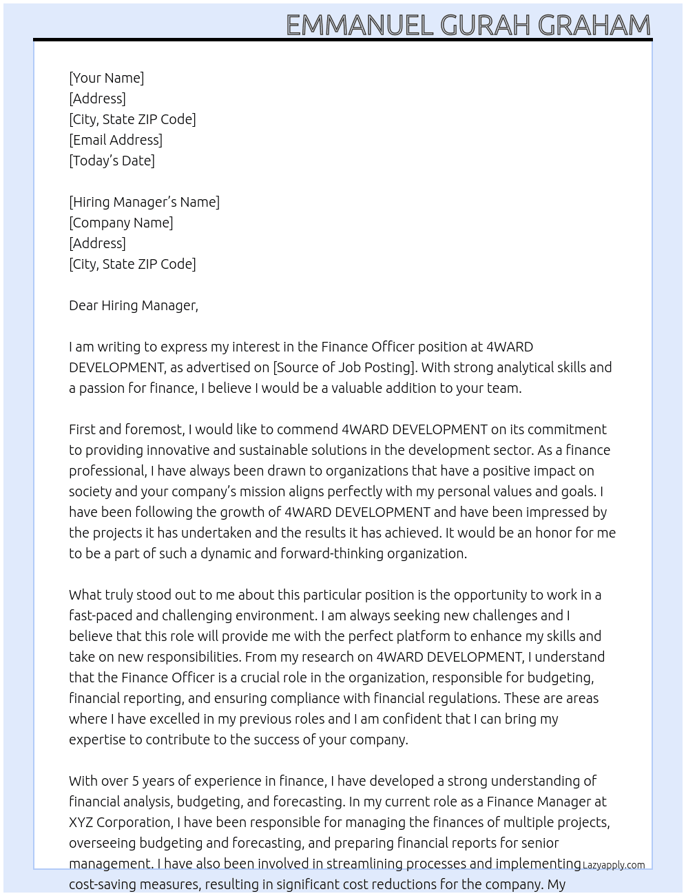 Finance Officer At 4WARD DEVELOPMENT Cover Letter