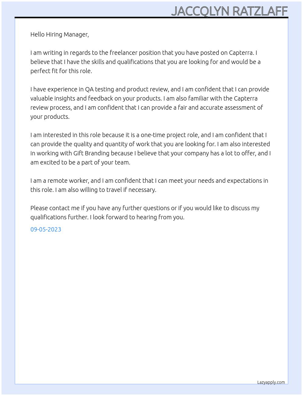 Freelancer At Gift Branding Cover Letter