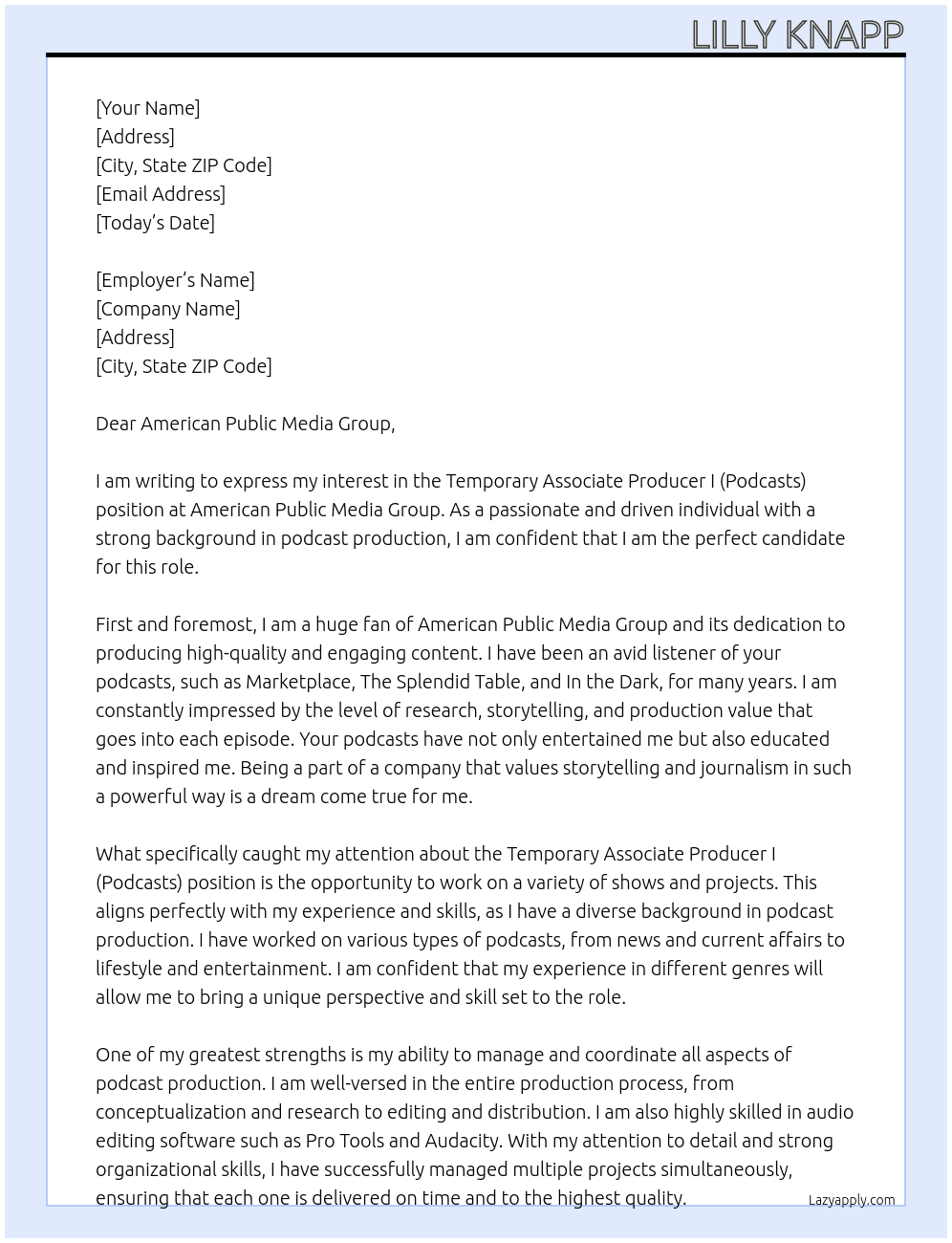 Temporary Associate Producer I, (Podcasts) At American Public Media Group Cover Letter