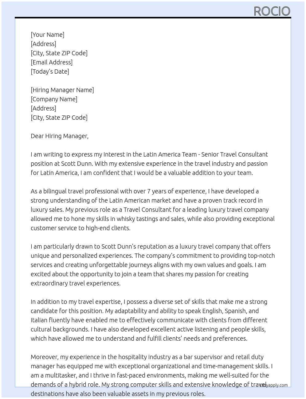 Latin America Team - Senior Travel Consultant At Scott Dunn Cover Letter