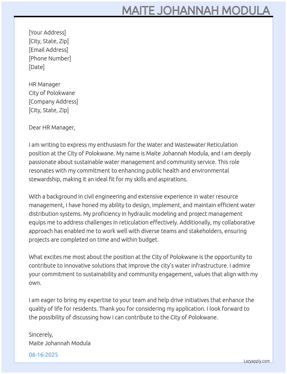 Water and wastewater Reticulation  At City of Polokwane  Cover Letter