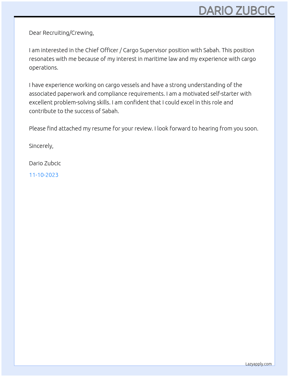 Chief Officer / Cargo Supervisor At Sabah Cover Letter