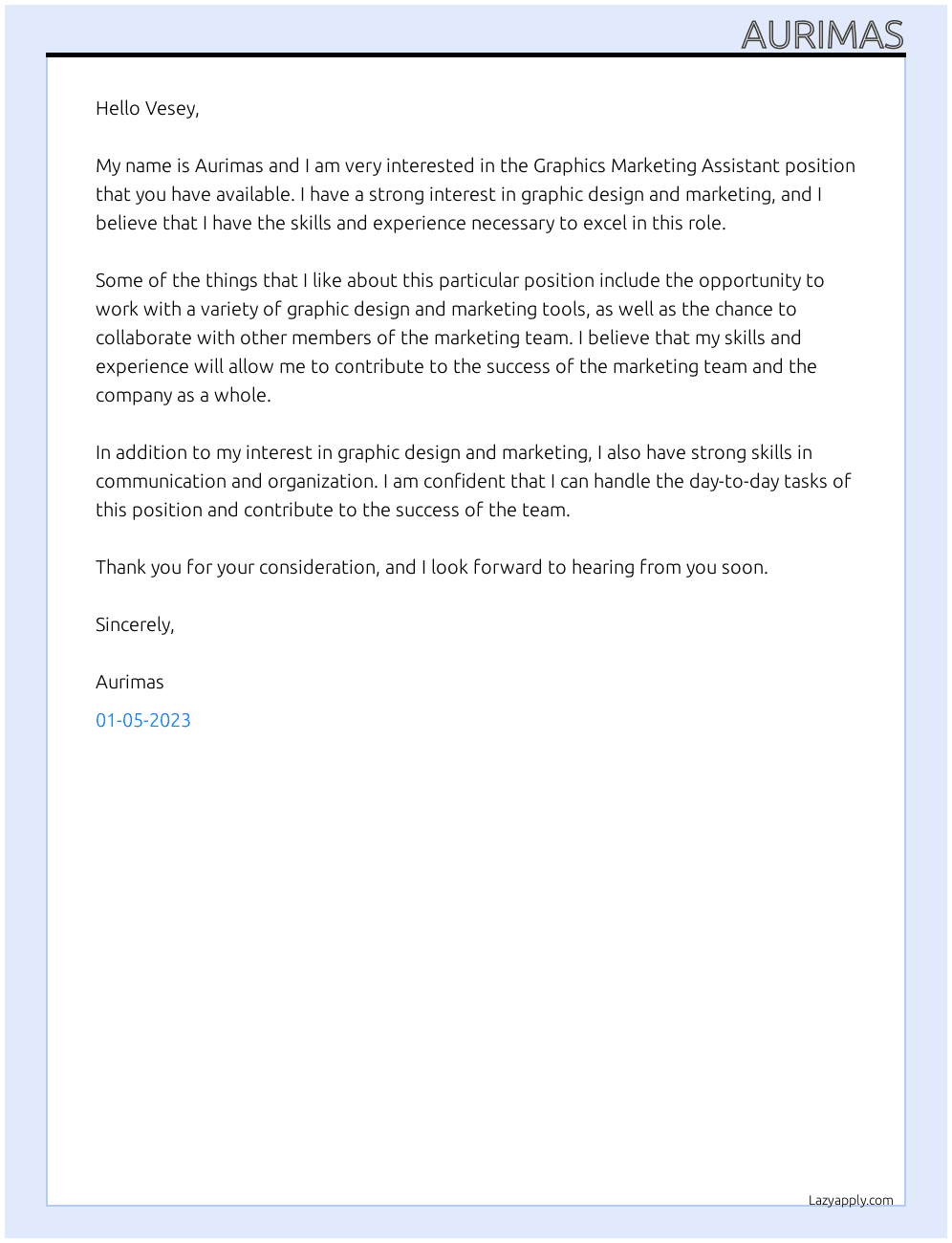Cover letter for graphics marketing assistant - LazyApply