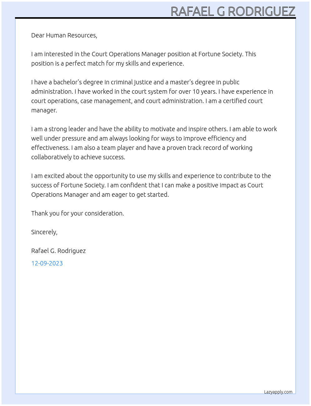 Court Operations Manager At Fortune Society Cover Letter