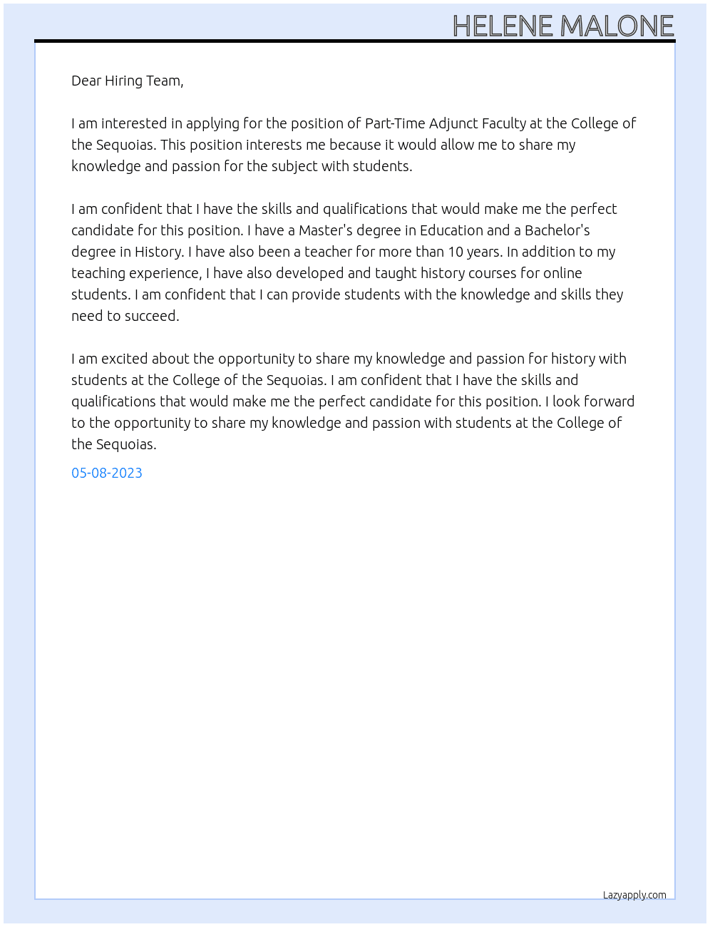 Part-Time Adjunct Faculty At College of the Sequoias Cover Letter