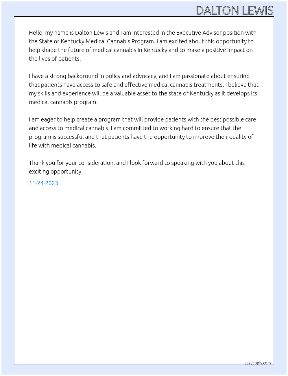 Executive Advisor (Gov Appt/Non-Merit) – KY Medical Cannabis Program At State of Kentucky Medical Cannabis Program Cover Letter