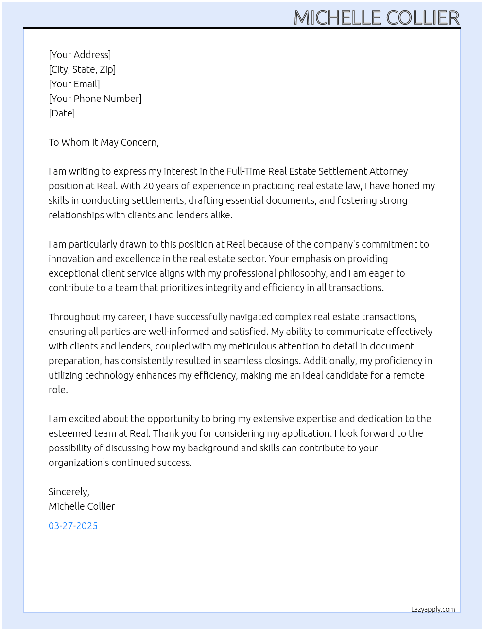 Real estate settlement attorney At Real Cover Letter