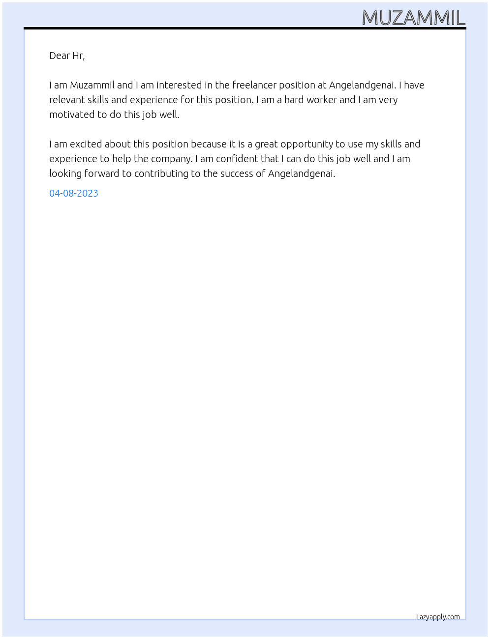 Freelancer  At Angelandgenai Cover Letter