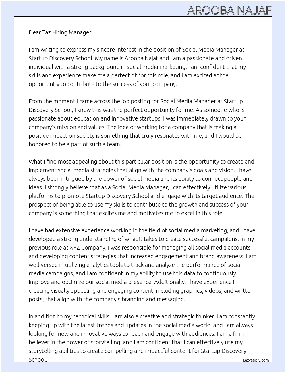 social media manager At Startup Discovery School Cover Letter