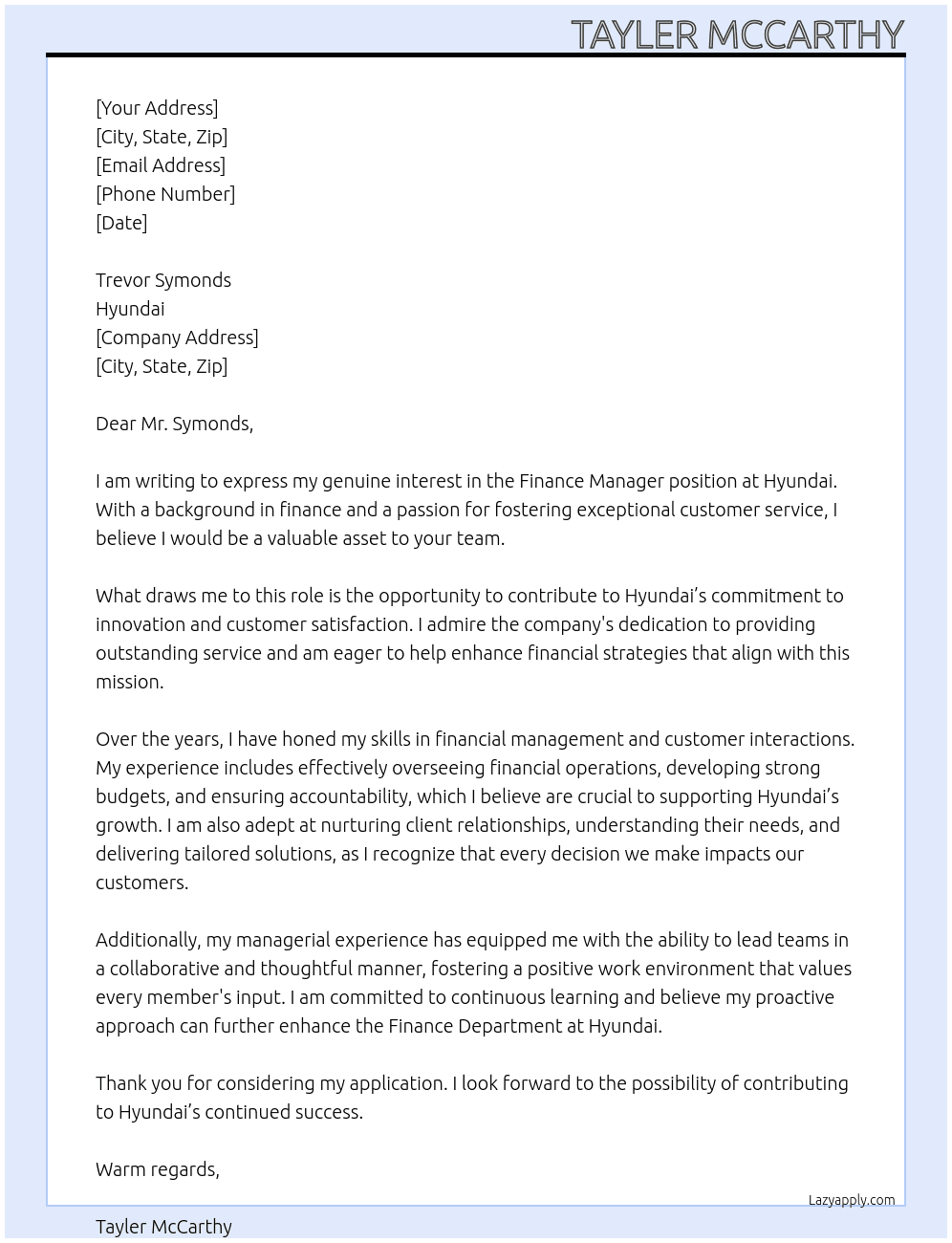 Finance Manager At Hyundai  Cover Letter