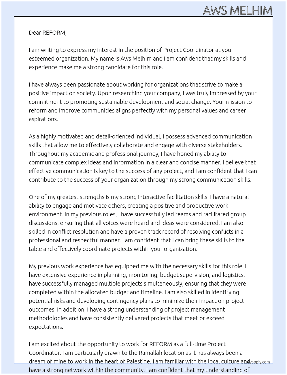 Project Coordinator At REFORM Cover Letter
