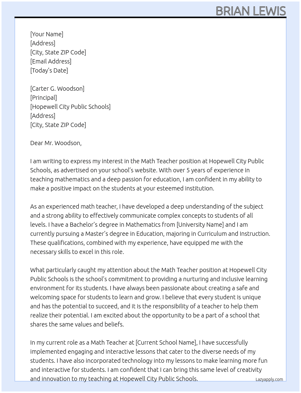 Math teacher At Hopewell City Public Schools Cover Letter