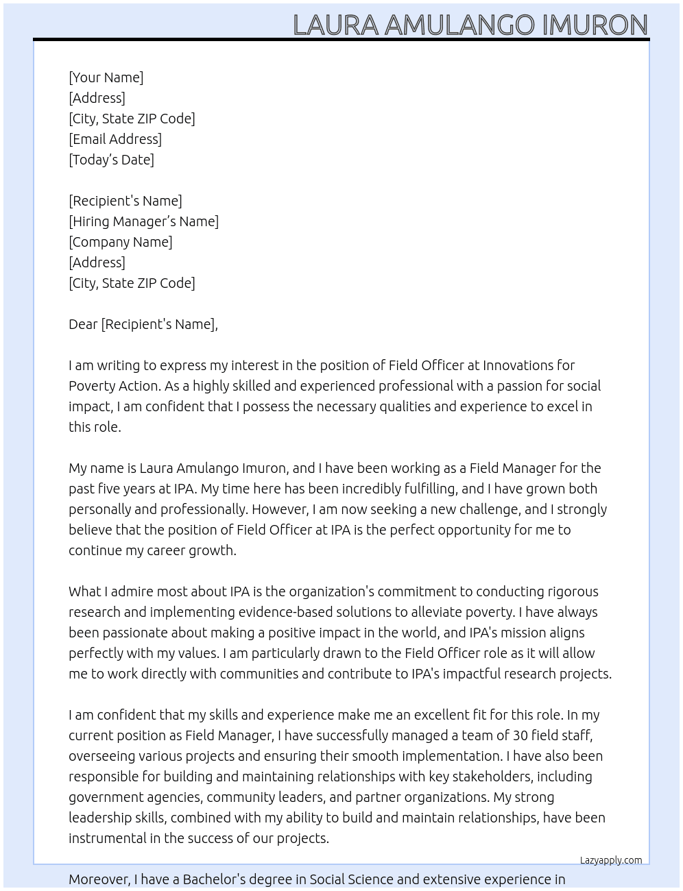FIELD OFFICER  At INNOVATIONS FOR POVERTY ACTION  Cover Letter