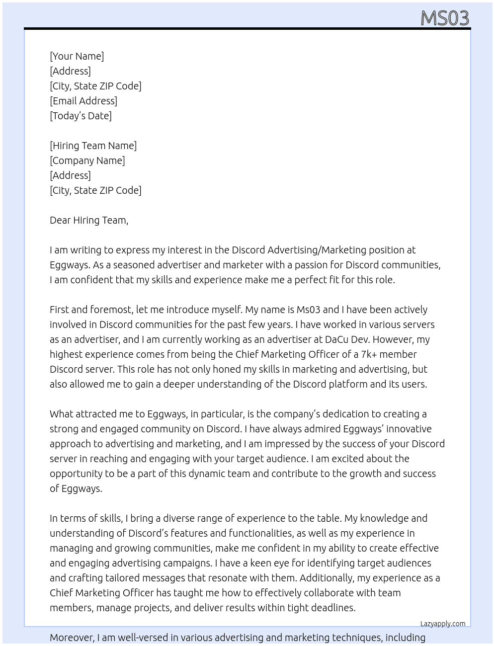 Discord Advertising/Marketing At Eggways Cover Letter