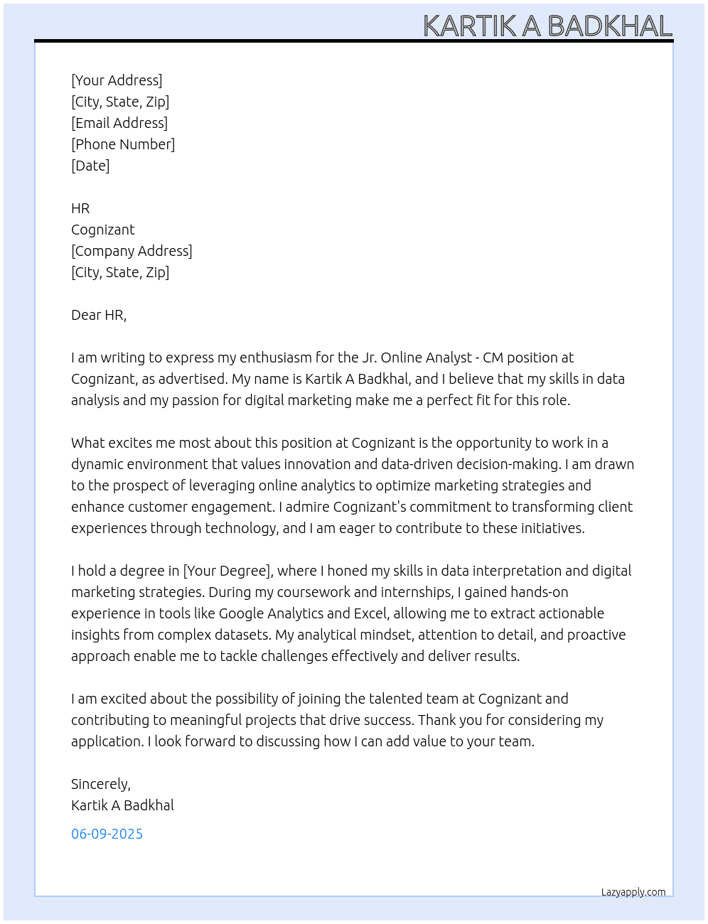Cover letter for jr. online analyst - cm - LazyApply
