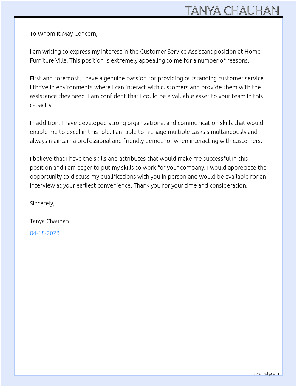 Customer service assistant  At Home furniture villa Cover Letter